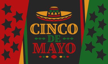 Meksika 'da Cinco de Mayo. Mayıs ayındaki geleneksel Meksika şenliği. Karnaval, festival ve geçit töreniyle ulusal mutlu bayramlar. Latin Amerika ve İspanyol tarzı. Sombrero ile illüstrasyon. Vektör posteri