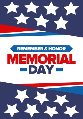 Amerika 'da Anma Günü. Unutma ve onurlandır. Birleşik Devletler Silahlı Kuvvetleri 'nde görev yaparken ölen insanları hatırlamak ve onurlandırmak için federal bayram. Mayıs 'ta kutlandı. Vektör posteri