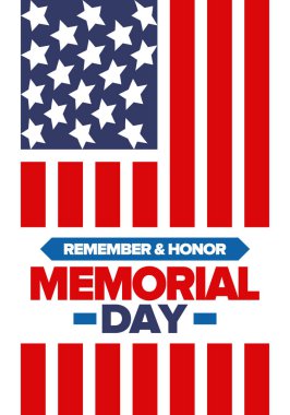 Amerika 'da Anma Günü. Unutma ve onurlandır. Birleşik Devletler Silahlı Kuvvetleri 'nde görev yaparken ölen insanları hatırlamak ve onurlandırmak için federal bayram. Mayıs 'ta kutlandı. Vektör posteri
