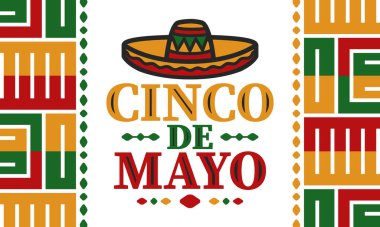 Meksika 'da Cinco de Mayo. Mayıs ayındaki geleneksel Meksika şenliği. Karnaval, festival ve geçit töreniyle ulusal mutlu bayramlar. Latin Amerika ve İspanyol tarzı. Sombrero ile illüstrasyon. Vektör posteri