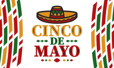 Meksika 'da Cinco de Mayo. Mayıs ayındaki geleneksel Meksika şenliği. Karnaval, festival ve geçit töreniyle ulusal mutlu bayramlar. Latin Amerika ve İspanyol tarzı. Sombrero ile illüstrasyon. Vektör posteri