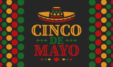Meksika 'da Cinco de Mayo. Mayıs ayındaki geleneksel Meksika şenliği. Karnaval, festival ve geçit töreniyle ulusal mutlu bayramlar. Latin Amerika ve İspanyol tarzı. Sombrero ile illüstrasyon. Vektör posteri