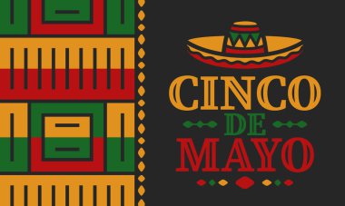 Meksika 'da Cinco de Mayo. Mayıs ayındaki geleneksel Meksika şenliği. Karnaval, festival ve geçit töreniyle ulusal mutlu bayramlar. Latin Amerika ve İspanyol tarzı. Sombrero ile illüstrasyon. Vektör posteri