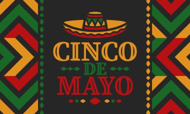 Meksika 'da Cinco de Mayo. Mayıs ayındaki geleneksel Meksika şenliği. Karnaval, festival ve geçit töreniyle ulusal mutlu bayramlar. Latin Amerika ve İspanyol tarzı. Sombrero ile illüstrasyon. Vektör posteri