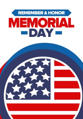 Amerika 'da Anma Günü. Unutma ve onurlandır. Birleşik Devletler Silahlı Kuvvetleri 'nde görev yaparken ölen insanları hatırlamak ve onurlandırmak için federal bayram. Mayıs 'ta kutlandı. Vektör posteri