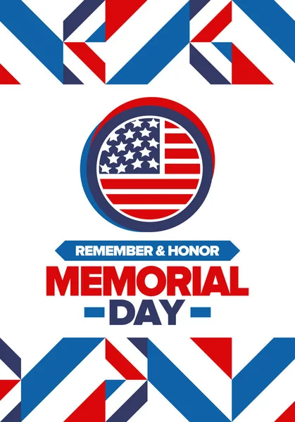 Amerika 'da Anma Günü. Unutma ve onurlandır. Birleşik Devletler Silahlı Kuvvetleri 'nde görev yaparken ölen insanları hatırlamak ve onurlandırmak için federal bayram. Mayıs 'ta kutlandı. Vektör posteri