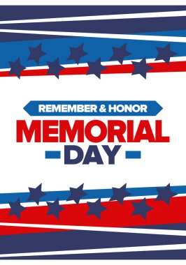 Amerika 'da Anma Günü. Unutma ve onurlandır. Birleşik Devletler Silahlı Kuvvetleri 'nde görev yaparken ölen insanları hatırlamak ve onurlandırmak için federal bayram. Mayıs 'ta kutlandı. Vektör posteri