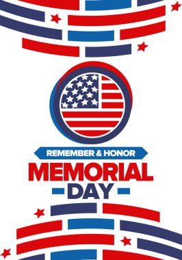 Amerika 'da Anma Günü. Unutma ve onurlandır. Birleşik Devletler Silahlı Kuvvetleri 'nde görev yaparken ölen insanları hatırlamak ve onurlandırmak için federal bayram. Mayıs 'ta kutlandı. Vektör posteri