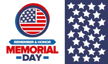Amerika 'da Anma Günü. Unutma ve onurlandır. Birleşik Devletler Silahlı Kuvvetleri 'nde görev yaparken ölen insanları hatırlamak ve onurlandırmak için federal bayram. Mayıs 'ta kutlandı. Vektör posteri
