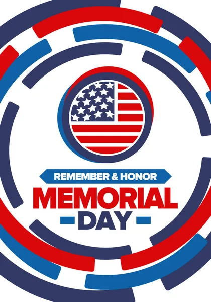 Amerika 'da Anma Günü. Unutma ve onurlandır. Birleşik Devletler Silahlı Kuvvetleri 'nde görev yaparken ölen insanları hatırlamak ve onurlandırmak için federal bayram. Mayıs 'ta kutlandı. Vektör posteri