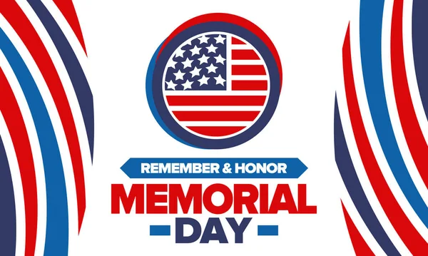 Amerika 'da Anma Günü. Unutma ve onurlandır. Birleşik Devletler Silahlı Kuvvetleri 'nde görev yaparken ölen insanları hatırlamak ve onurlandırmak için federal bayram. Mayıs 'ta kutlandı. Vektör posteri