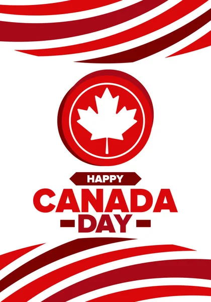 Kanada günün kutlu olsun. Ulusal bayram, her yıl 1 Temmuz 'da kutlanır. Kanada bayrağı. Akçaağaç yaprağı. Vatanseverlik sembolü ve unsurları. Poster, kart, afiş ve geçmiş. Vektör illüstrasyonu