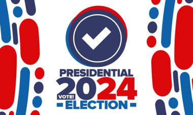 Birleşik Devletler 'de 2024 Başkanlık Seçimi. Oylama günü, 5 Kasım. Amerikan seçim kampanyası. Seçimini yap! Vatansever Amerikan vektör illüstrasyonu. Poster, kart, afiş ve arkaplan