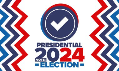 Birleşik Devletler 'de 2024 Başkanlık Seçimi. Oylama günü, 5 Kasım. Amerikan seçim kampanyası. Seçimini yap! Vatansever Amerikan vektör illüstrasyonu. Poster, kart, afiş ve arkaplan
