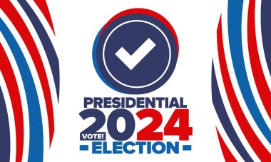 Birleşik Devletler 'de 2024 Başkanlık Seçimi. Oylama günü, 5 Kasım. Amerikan seçim kampanyası. Seçimini yap! Vatansever Amerikan vektör illüstrasyonu. Poster, kart, afiş ve arkaplan