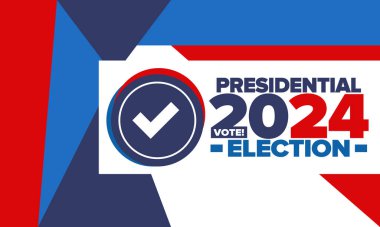Birleşik Devletler 'de 2024 Başkanlık Seçimi. Oylama günü, 5 Kasım. Amerikan seçim kampanyası. Seçimini yap! Vatansever Amerikan vektör illüstrasyonu. Poster, kart, afiş ve arkaplan