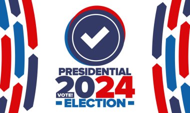 Birleşik Devletler 'de 2024 Başkanlık Seçimi. Oylama günü, 5 Kasım. Amerikan seçim kampanyası. Seçimini yap! Vatansever Amerikan vektör illüstrasyonu. Poster, kart, afiş ve arkaplan