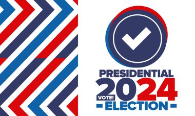 Birleşik Devletler 'de 2024 Başkanlık Seçimi. Oylama günü, 5 Kasım. Amerikan seçim kampanyası. Seçimini yap! Vatansever Amerikan vektör illüstrasyonu. Poster, kart, afiş ve arkaplan