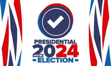 Birleşik Devletler 'de 2024 Başkanlık Seçimi. Oylama günü, 5 Kasım. Amerikan seçim kampanyası. Seçimini yap! Vatansever Amerikan vektör illüstrasyonu. Poster, kart, afiş ve arkaplan