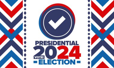 Birleşik Devletler 'de 2024 Başkanlık Seçimi. Oylama günü, 5 Kasım. Amerikan seçim kampanyası. Seçimini yap! Vatansever Amerikan vektör illüstrasyonu. Poster, kart, afiş ve arkaplan