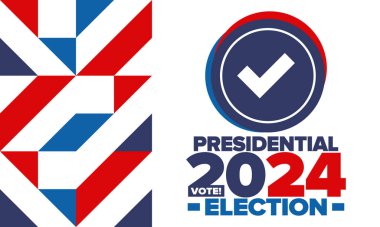 Birleşik Devletler 'de 2024 Başkanlık Seçimi. Oylama günü, 5 Kasım. Amerikan seçim kampanyası. Seçimini yap! Vatansever Amerikan vektör illüstrasyonu. Poster, kart, afiş ve arkaplan