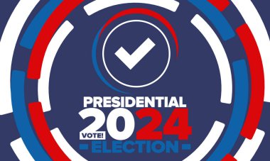 Birleşik Devletler 'de 2024 Başkanlık Seçimi. Oylama günü, 5 Kasım. Amerikan seçim kampanyası. Seçimini yap! Vatansever Amerikan vektör illüstrasyonu. Poster, kart, afiş ve arkaplan
