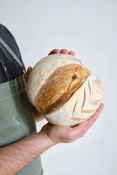 Crispy Fresh Bread Hands Man Rustic Organic Wheat Bread Gluten — 스톡 사진