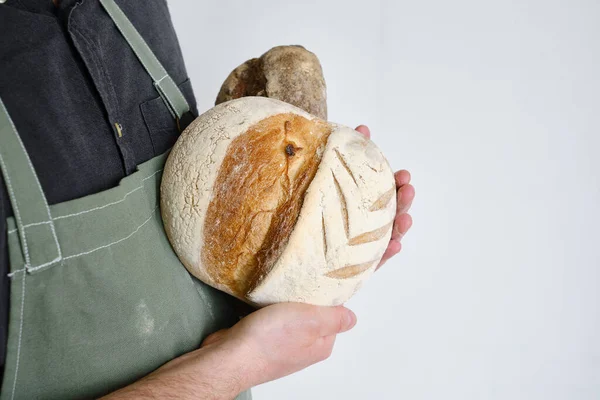 Crispy Fresh Bread Hands Man Rustic Organic Wheat Bread Gluten —  Fotos de Stock