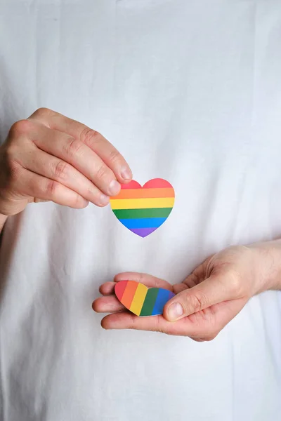 Rainbow Heart Paper Man Hands White Shirt Lgbt Flag Lgbtqia — Stok fotoğraf