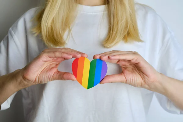 Rainbow Heart Paper Woman Hands White Shirt Lgbt Flag Lgbtqia — Stok fotoğraf