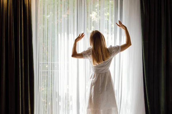 Girl White Dress Stretches Getting Out Bed Looking Out Window —  Fotos de Stock