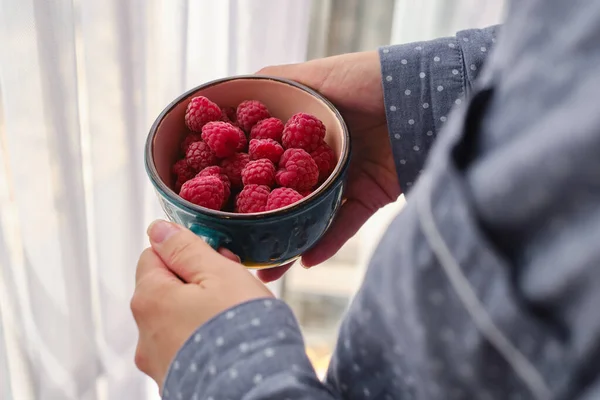 Girl Holding Cup Organic Sweet Raspberries Concept Proper Nutrition Diet — Stock Photo, Image