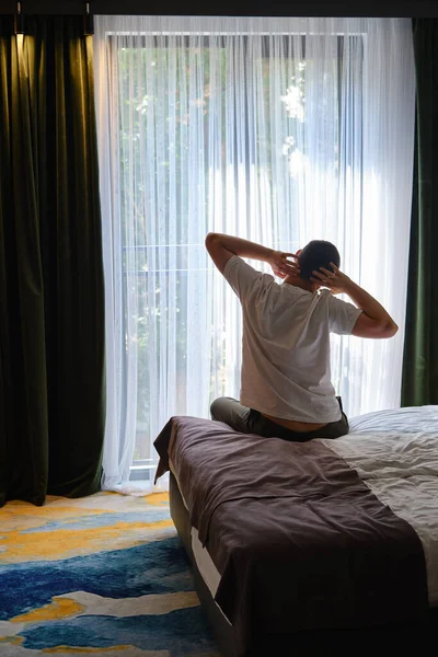 Man Stretches Getting Out Bed Looking Out Window Morning Rituals —  Fotos de Stock