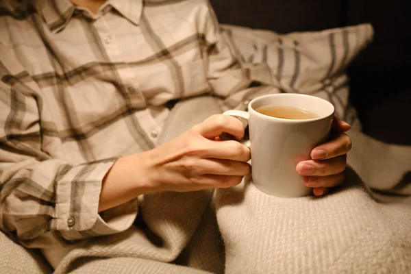 Cup Tea Hands Girl Girl Drinking Hot Tea Girl Pajamas — Stockfoto