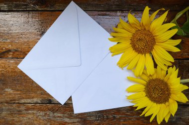 Greeting card mockup on wooden background with sunflowers. Empty envelope and place for text. Greeting card. Postal service. Yellow flowers on wooden background