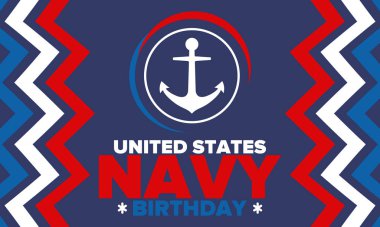 ABD Donanması doğum günü. Amerika 'da tatil. Amerikan Donanması - Silahlı Kuvvetler 'in deniz harp kolu. 13 Ekim 'de yıllık kutlama. Çapa sembolü. Vatansever unsurlar. Poster, kart, pankart. Vektör