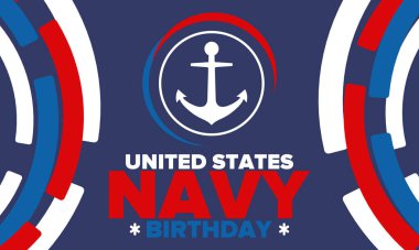 ABD Donanması doğum günü. Amerika 'da tatil. Amerikan Donanması - Silahlı Kuvvetler 'in deniz harp kolu. 13 Ekim 'de yıllık kutlama. Çapa sembolü. Vatansever unsurlar. Poster, kart, pankart. Vektör