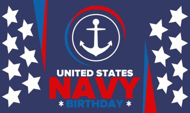 ABD Donanması doğum günü. Amerika 'da tatil. Amerikan Donanması - Silahlı Kuvvetler 'in deniz harp kolu. 13 Ekim 'de yıllık kutlama. Çapa sembolü. Vatansever unsurlar. Poster, kart, pankart. Vektör