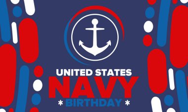 ABD Donanması doğum günü. Amerika 'da tatil. Amerikan Donanması - Silahlı Kuvvetler 'in deniz harp kolu. 13 Ekim 'de yıllık kutlama. Çapa sembolü. Vatansever unsurlar. Poster, kart, pankart. Vektör