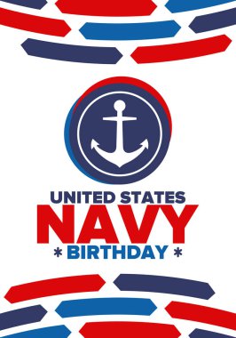 ABD Donanması doğum günü. Amerika 'da tatil. Amerikan Donanması - Silahlı Kuvvetler 'in deniz harp kolu. 13 Ekim 'de yıllık kutlama. Çapa sembolü. Vatansever unsurlar. Poster, kart, pankart. Vektör