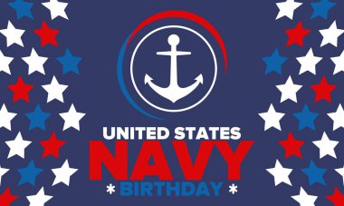 ABD Donanması doğum günü. Amerika 'da tatil. Amerikan Donanması - Silahlı Kuvvetler 'in deniz harp kolu. 13 Ekim 'de yıllık kutlama. Çapa sembolü. Vatansever unsurlar. Poster, kart, pankart. Vektör