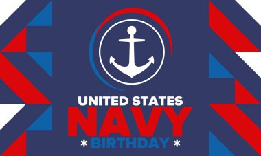 ABD Donanması doğum günü. Amerika 'da tatil. Amerikan Donanması - Silahlı Kuvvetler 'in deniz harp kolu. 13 Ekim 'de yıllık kutlama. Çapa sembolü. Vatansever unsurlar. Poster, kart, pankart. Vektör