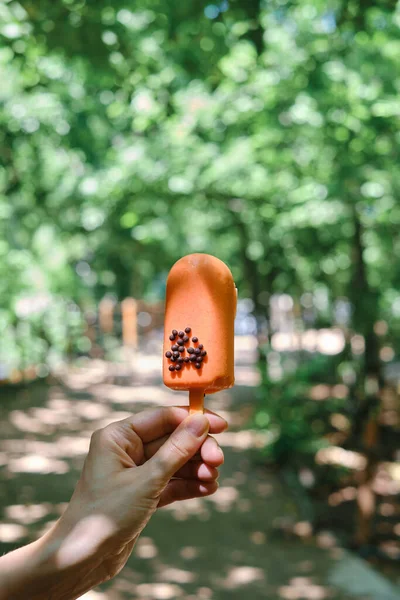 Delicious classic ice cream in woman hands. Natural homemade gelato close up. Summer sweet tasty dessert. Refreshes in hot weather. Healthy eating, organic food. Take away traditional product