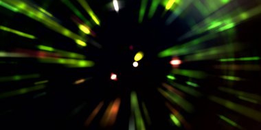 Parlayan ışıkları hareket ettirmenin havalı arka planı. Tasarımınız için canlı renkli bir portal şablonu. Işık ışınları ve hareket halindeki ışıldayan parçacıklar bir solucan deliği şekli oluşturuyor..