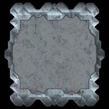 Gelecekçi tasarım şablonu. Metal paslı tabak menüsü. Teknoloji afişi beyaz arkaplanda izole edildi. Bilim kurgu elemanı grafiği. Metalik paslanmış 3 boyutlu illüstrasyon.  