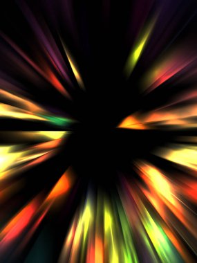 Siyah arkaplanda izole edilmiş dinamik ışık ışınları. Parlayan renkli ışık parçacıklarının grafiksel 2d çizimi.