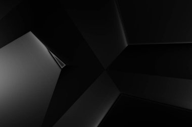 Lüks minimalist tasarım. Fütürist şablon. Karanlık elementleri olan birinci sınıf soyut duvar kâğıdı. Zarif bir zemin. Siyah üç boyutlu geometrik arkaplan. Poster, broşür, sunum için tasarım.