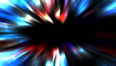 Siyah arkaplanda izole edilmiş dinamik ışık ışınları. Parlayan renkli ışık parçacıklarının grafiksel 2d çizimi.