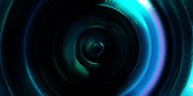 Fotoğraf makinesi konsepti. Soyut arkaplan. Dönen ışık ışınları. Hareketli kavramsal duvar kağıdı. Grafik dijital illüstrasyon. Parlayan neon ışıkları. Parlak sunum tasarım şablonu.