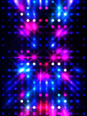 Parlayan ışıklar siyah arka planda parti izleri. Sahne veya stadyum ışıklarının dijital illüstrasyonu. Parlak desenli duvar kağıdı. Sahne ışıkları ile renkli ışıkların ihtişamlı arkaplanı.